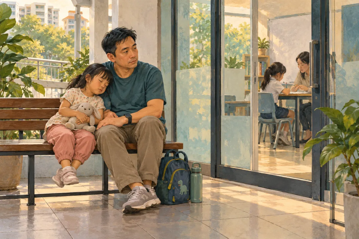 A father waits outside a tuition classroom with a tired younger child beside him, while his older daughter attends a lesson.