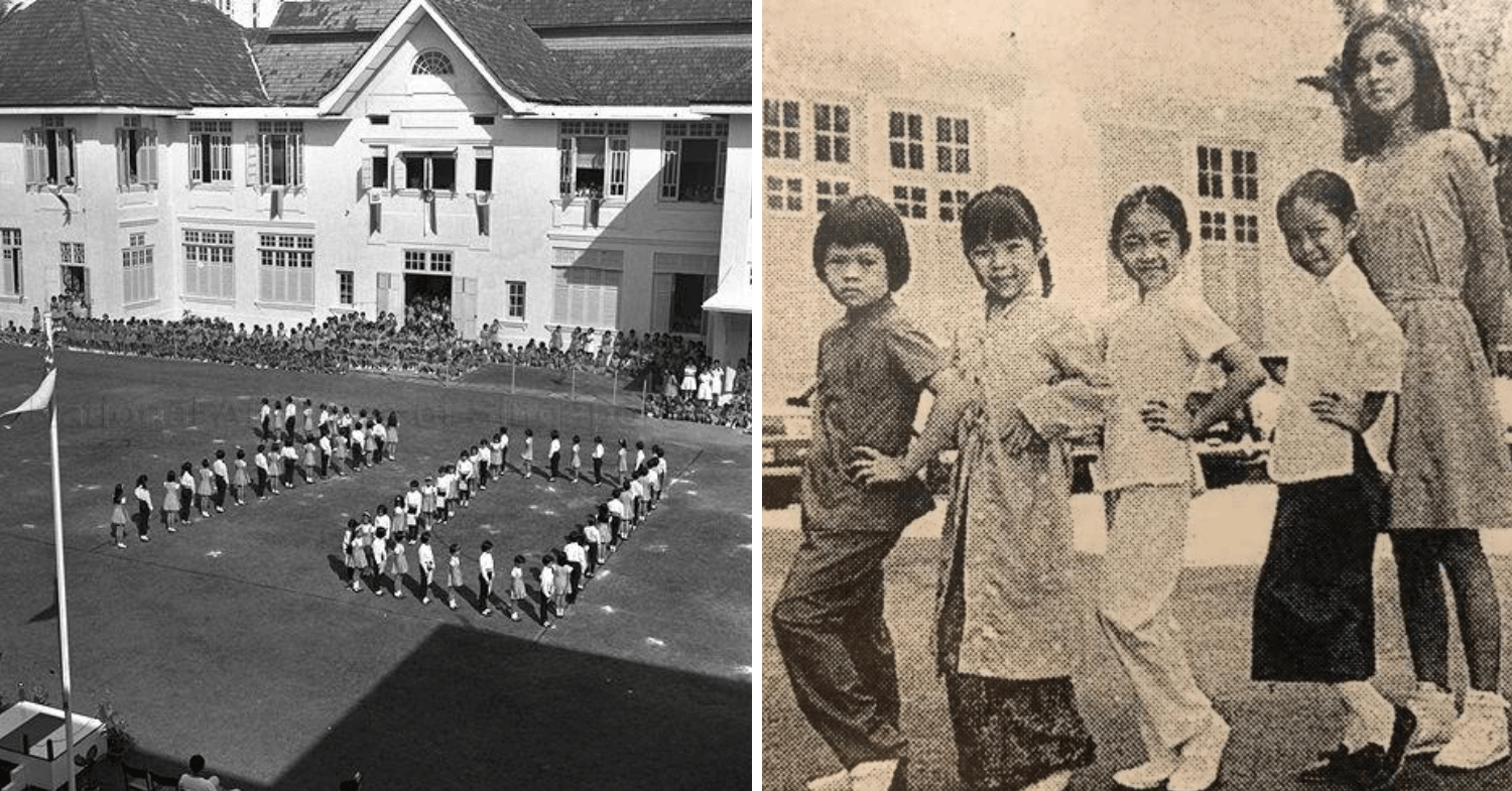 SCGS anniversary celebrations at left and students modelling earlier uniforms at right, with full-length trousers visible